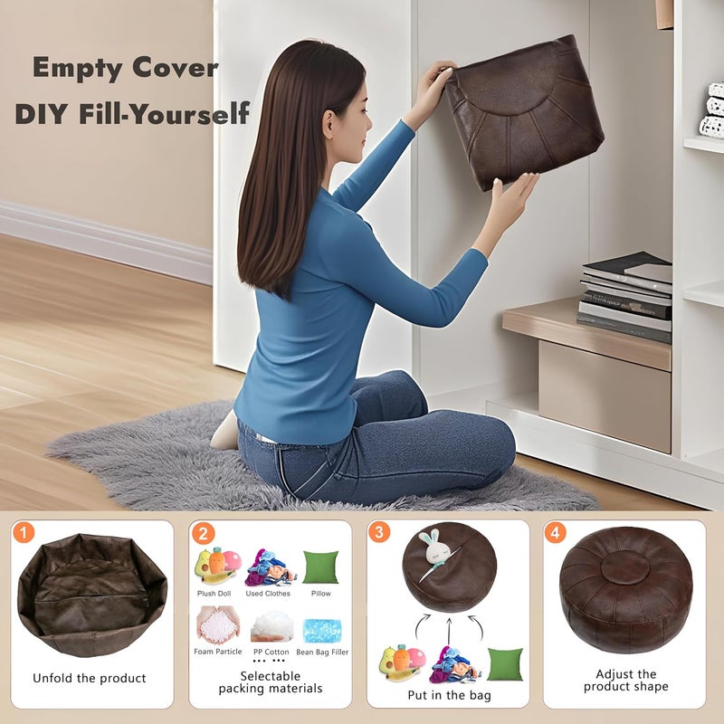 Thgonwid Unstuffed Moroccan Storage Pouf Foot Stool Ottoman Seat Handmade Faux Leather Bean Bag Floor Chair Foot Rest for Living Room, Bedroom or Balcony (Deep Coffee) - Image 4